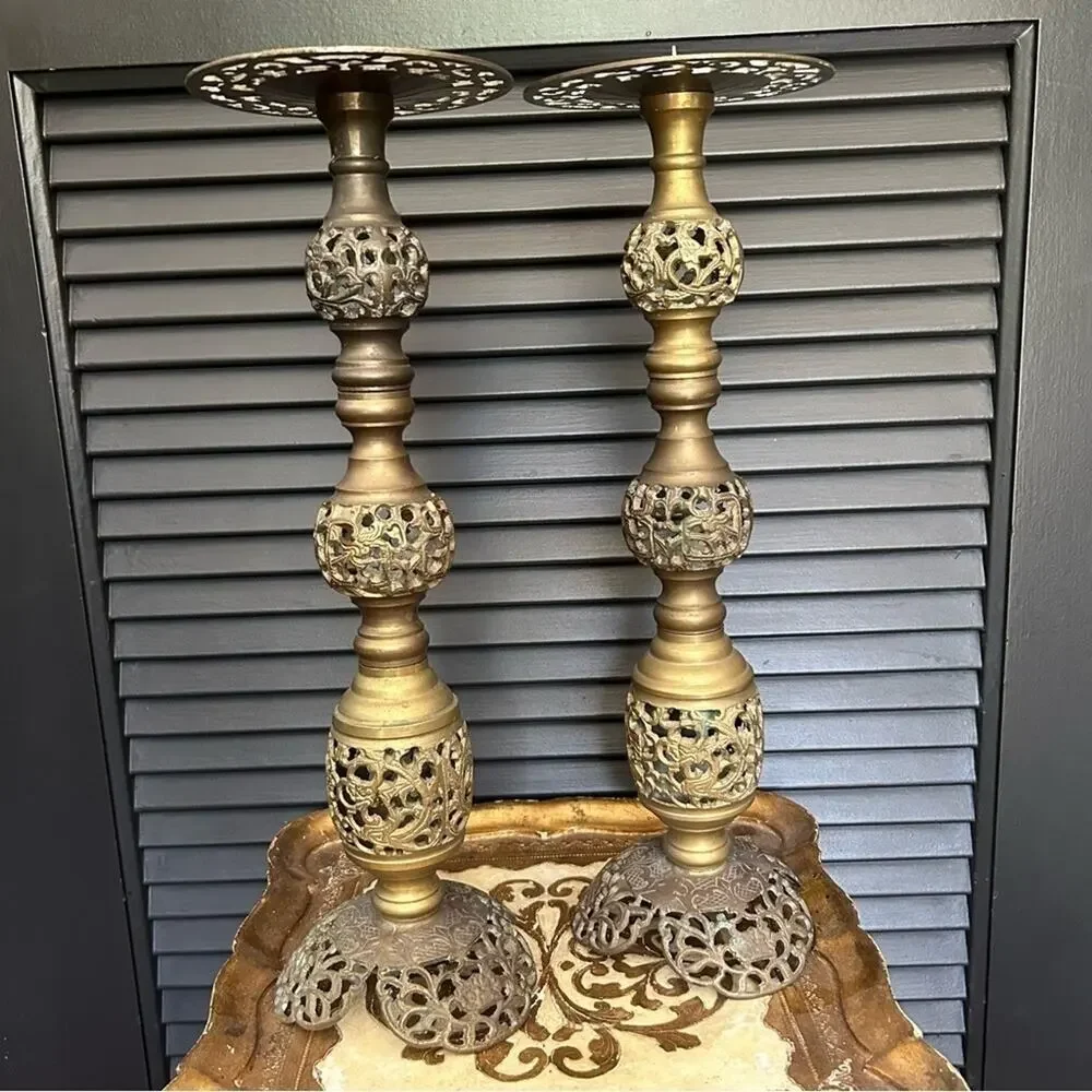 Vintage Oversized Moroccan Pierced Brass Candle Holders, Set of 2, Nice Patina